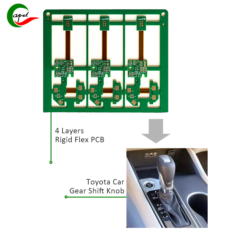 Tha PCB rigid-flex 4-còmhdach Capel na inneal-atharrachaidh geama airson teicneòlas gluasad gluasad chàraichean.Tha na fulangas teann aige agus an ìre àrd mionaideachd ga dhèanamh foirfe airson carbadan Toyota.