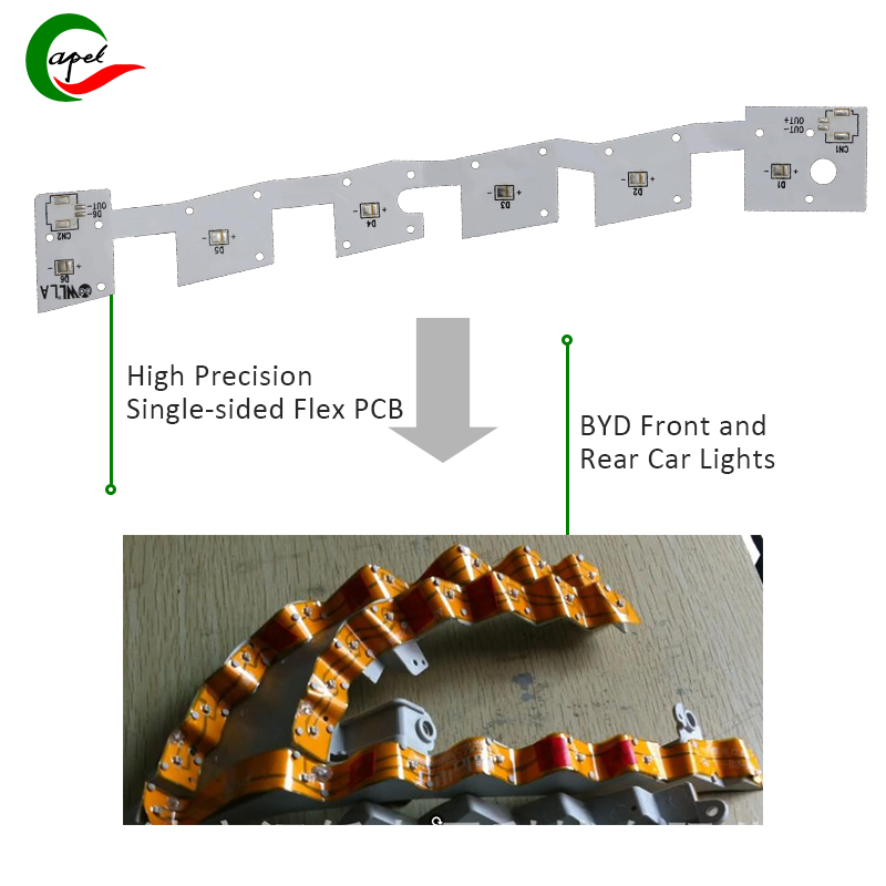 Iṣiro ti awọn PCB ti o rọ ni apa ẹyọkan fun iwaju ọkọ ayọkẹlẹ ati awọn ohun elo ina ẹhin ṣe afihan ipa pataki ti wọn ṣe ni imudara iṣẹ ati iṣẹ ṣiṣe ti awọn ọna ina adaṣe.